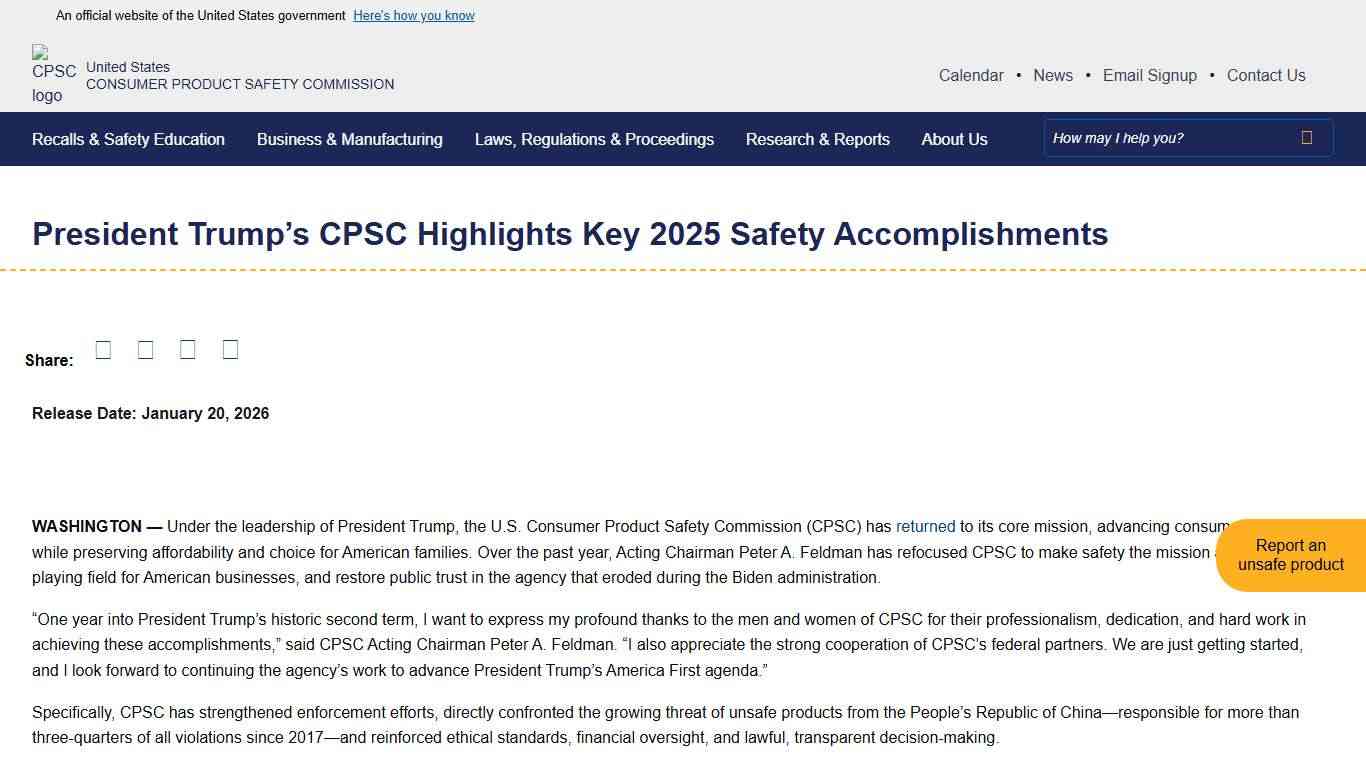 President Trump’s CPSC Highlights Key 2025 Safety Accomplishments | CPSC.gov